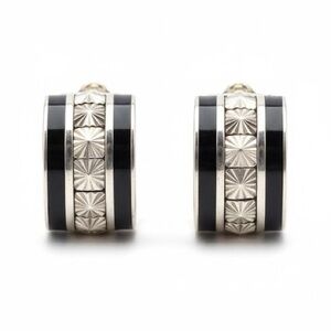 Vintage Sterling Silver 925 Black Onyx Huggie Hoop Earrings Two Tone Geometric